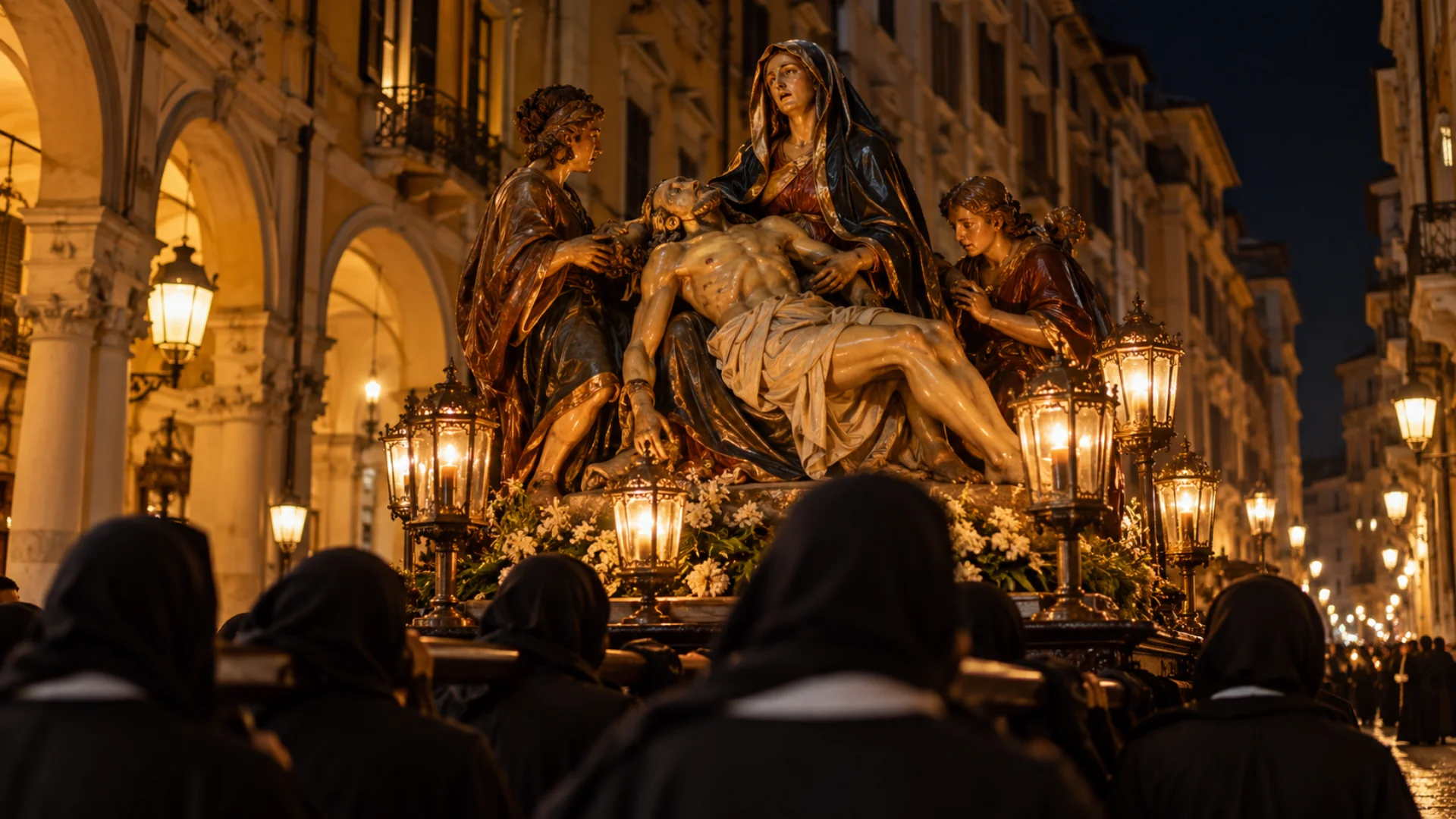 Gruppo scultoreo ligneo illuminato da lanterne in una via del centro storico durante la processione del Venerdì Santo a Savona