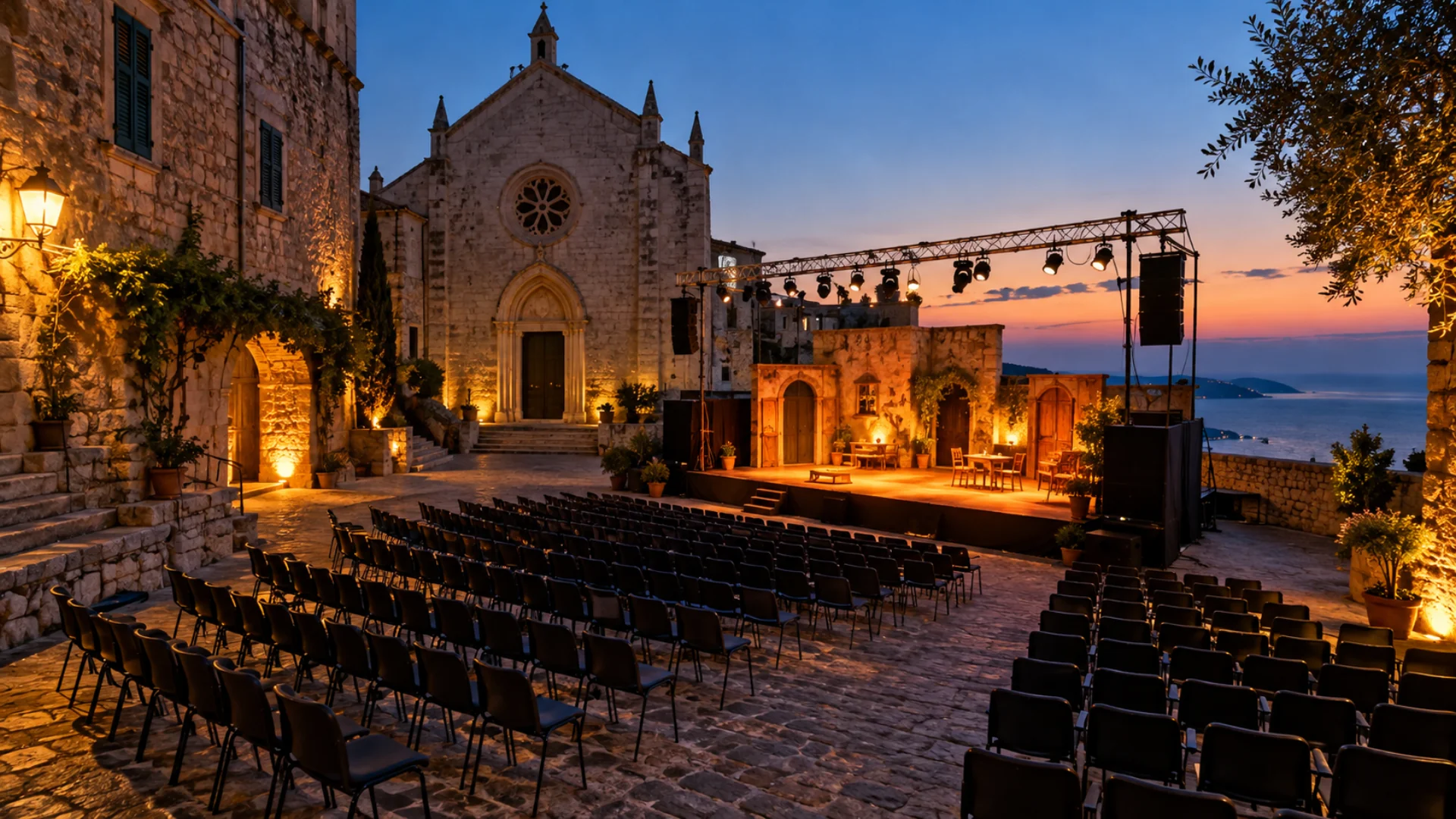 Palco all'aperto in una piccola piazza di pietra illuminata la sera, atmosfera da Festival di Borgio Verezzi 2026