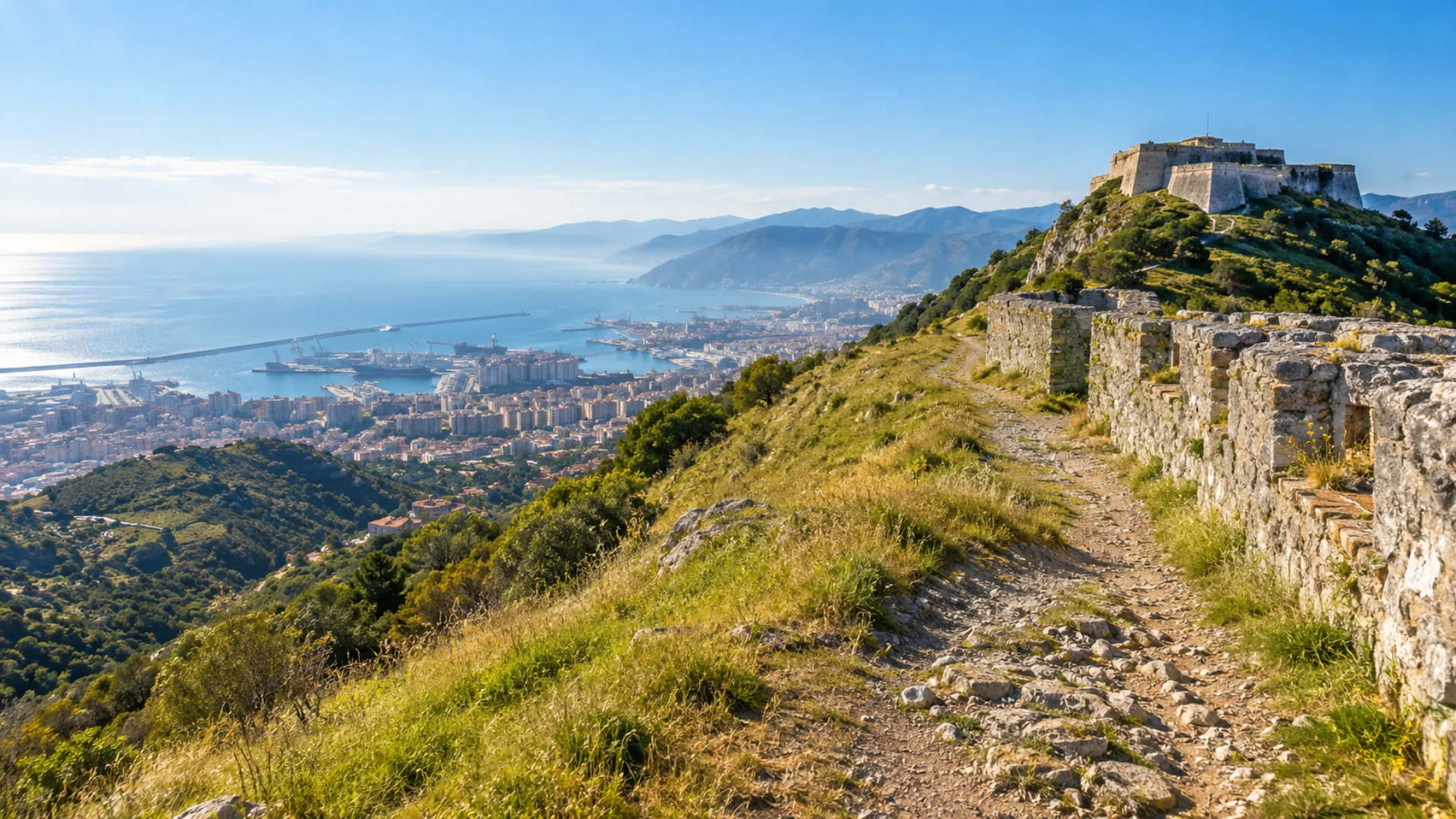 Sentiero sterrato tra prati e mura in pietra verso un forte sulla collina, vista sul mare, lungo il trekking sui forti di Genova