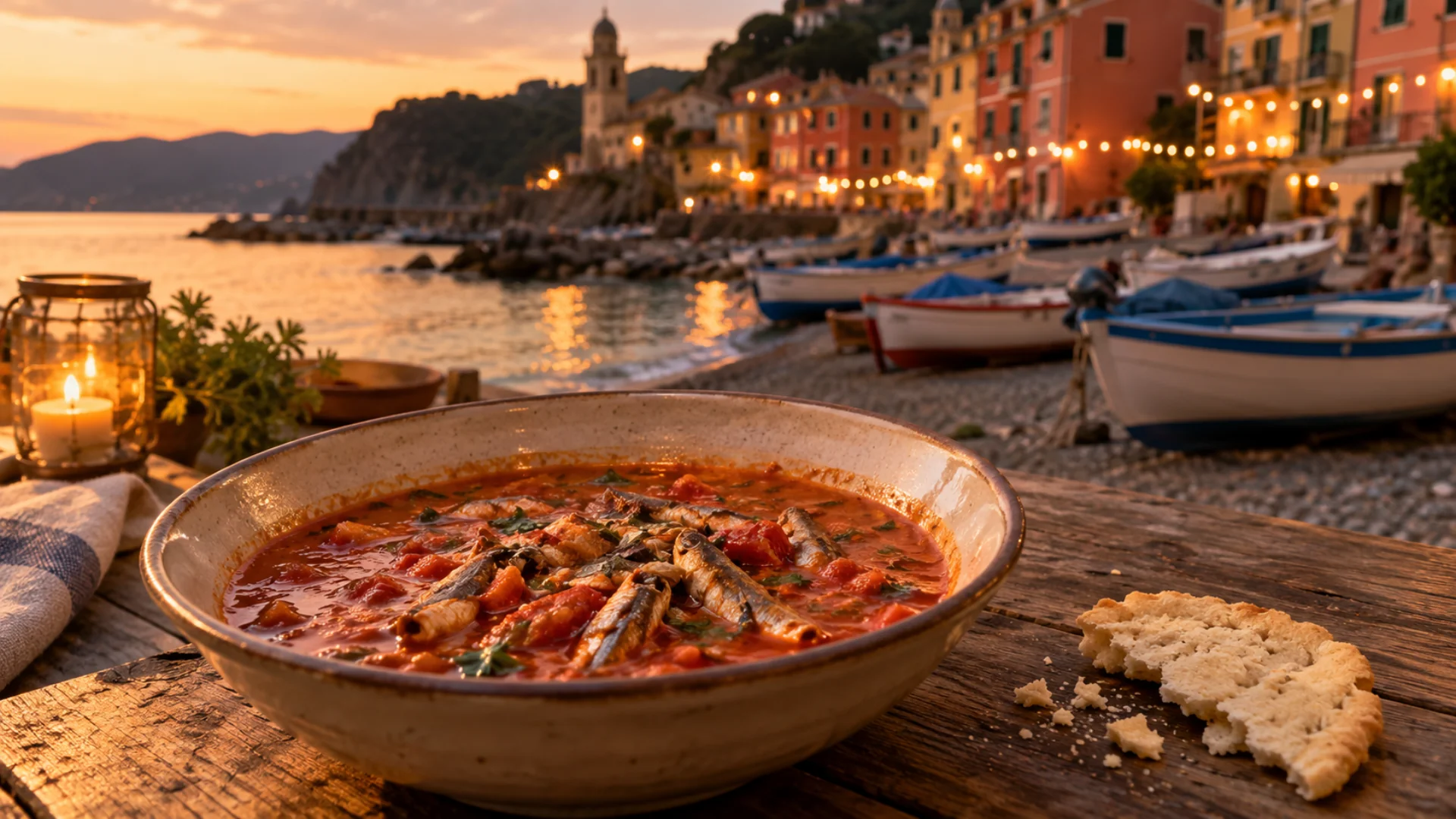 Piatto fondo di zuppa di acciughe al pomodoro con gallette su un tavolo all'aperto vicino al mare alla Sagra del Bagnun Riva Trigoso