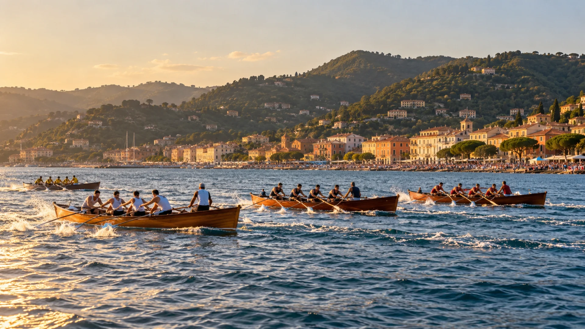 Barche da regata a quattro remi in gara su un golfo al tramonto con il pubblico sul lungomare, durante il Palio del Golfo 2026