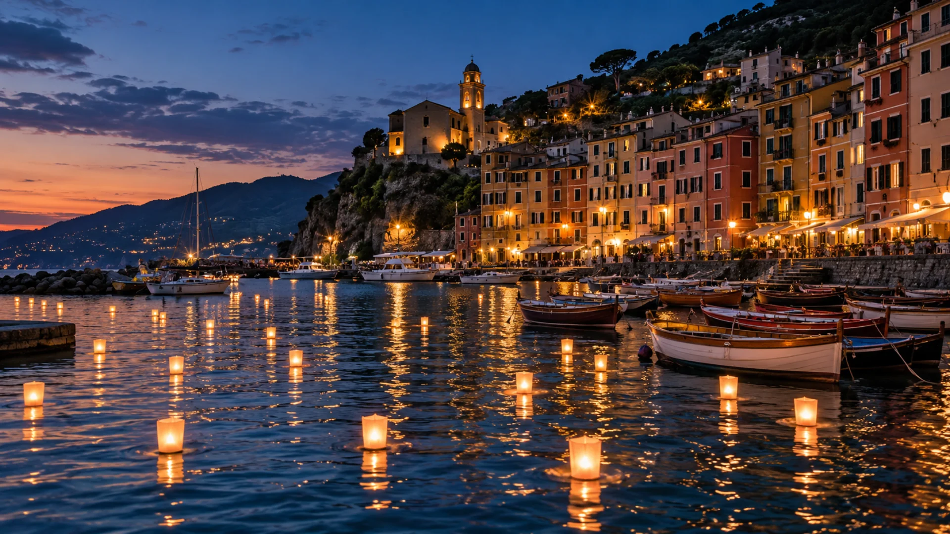 Lumini galleggianti accesi sull'acqua scura davanti a un borgo marinaro illuminato, come nella sera della Stella Maris Camogli
