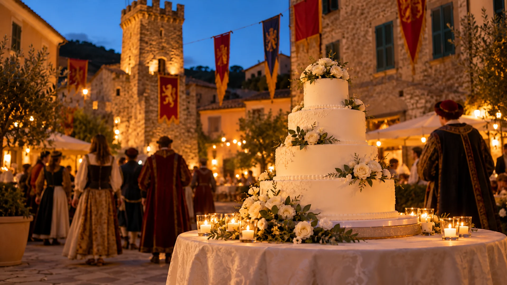Grande torta nuziale a più piani in una piazza illuminata di sera, con stendardi medievali sullo sfondo, alla Torta dei Fieschi Lavagna