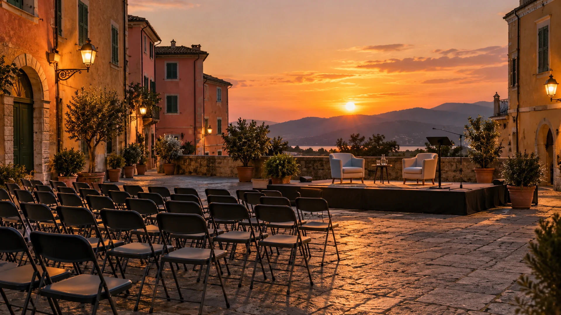 Piazza di un centro storico ligure al tramonto con palco e sedie allestiti per un incontro del Festival della Mente Sarzana