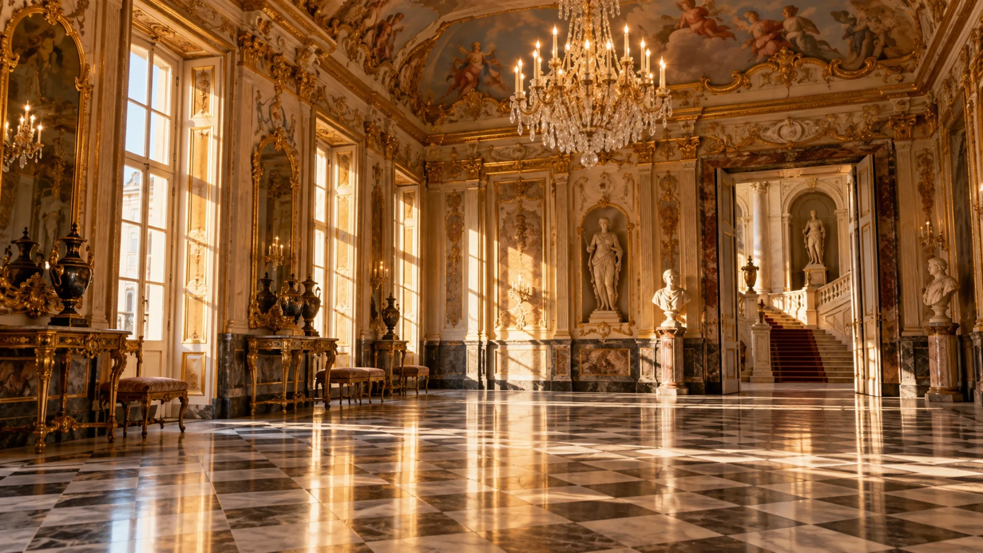 Salone nobiliare con soffitto affrescato, lampadario e pavimento in marmo in un antico palazzo genovese, atmosfera dei Rolli Days 2026