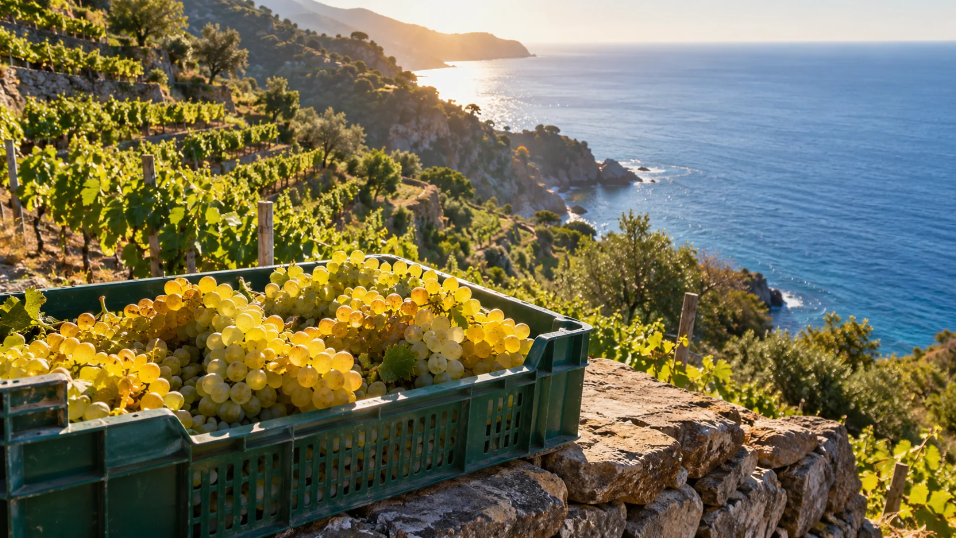 Grappoli d'uva bianca matura in una cassetta appoggiata su un muretto a secco dei vigneti terrazzati durante la vendemmia Cinque Terre