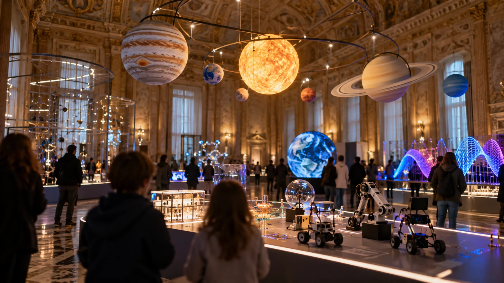 Sala espositiva in un palazzo storico con installazioni scientifiche illuminate, allestita per il Festival della Scienza 2026 a Genova
