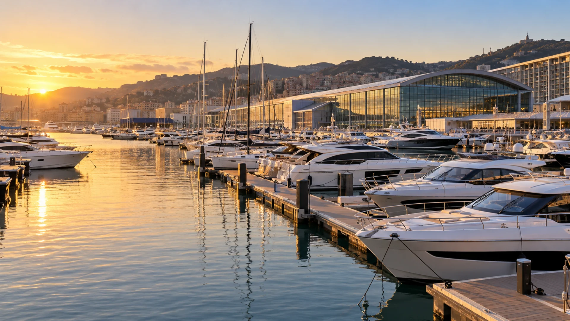 Yacht e barche a motore ormeggiati lungo pontili galleggianti in una darsena al tramonto, atmosfera del Salone Nautico Genova 2026